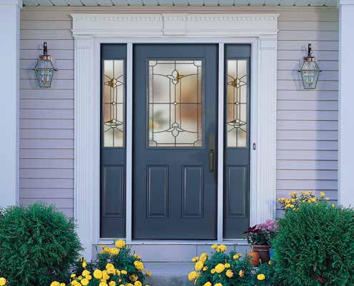Dark painted exterior door with Liberty decorative glass